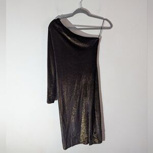 Flounce London One Shoulder Black Gold Shimmery Drapey Midi Dress Women's Size 6
